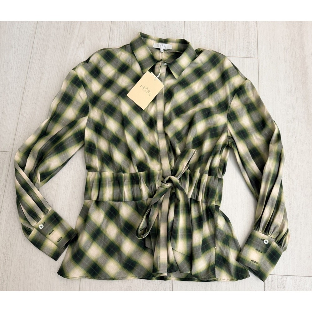 NWT Pearl by Lela Rose Plaid Poplin Tie Waist Top Sz M Olive Multi $325